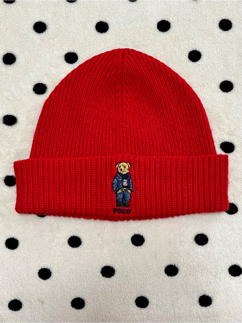 Polo Ralph Lauren Red Solid Denim Bear Beanie Ribbed Knit Winter Hat